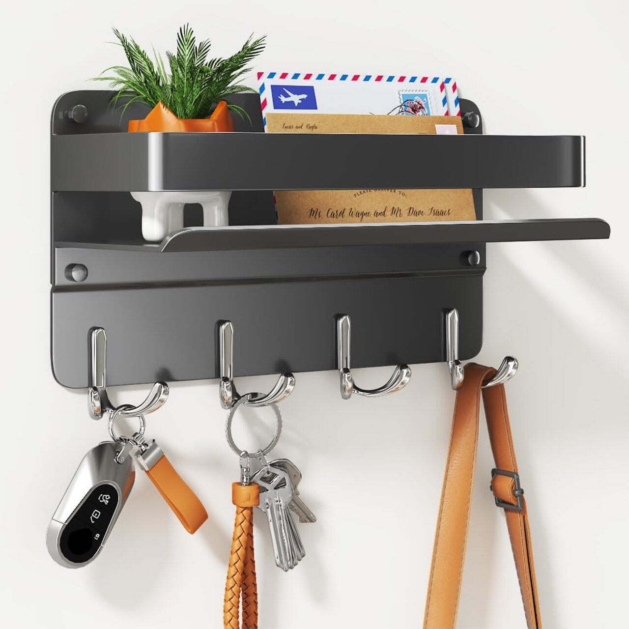 Black Metal Wall-Mounted Key and Mail Holder with Shelf – Heavy-Duty Aluminum Entryway Organizer with 8 Hooks, Wallet & Sunglasses Storage Rack (Black)